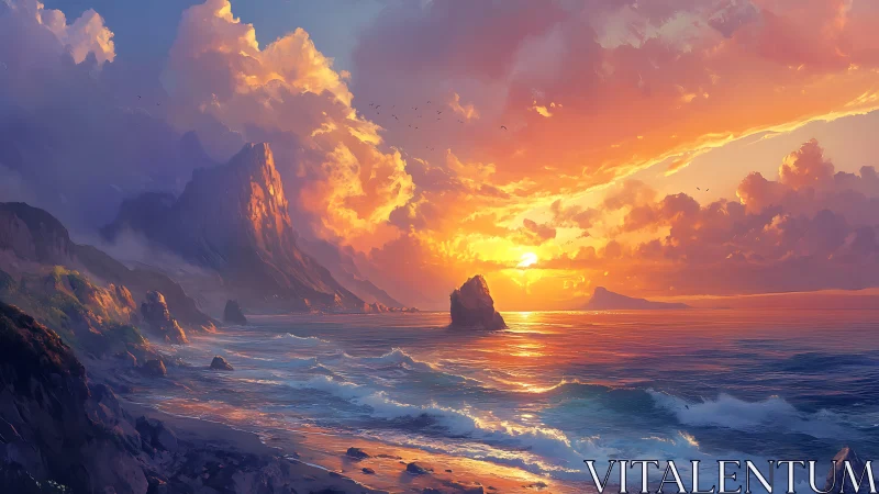 Radiant coastal sunset with mountainous cliffs and sea stacks
