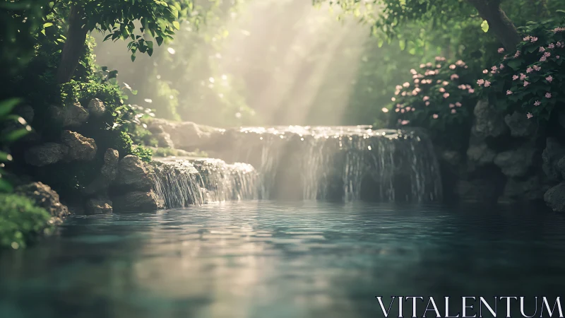Soft morning light dances over a peaceful forest waterfall