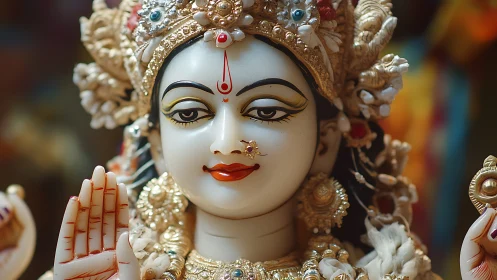 Divine goddess sculpture portrait with ornate gold detailing.