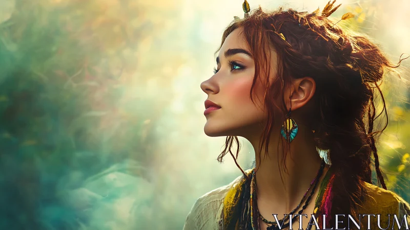 Side-profile portrait renders ethereal bohemian woman in light