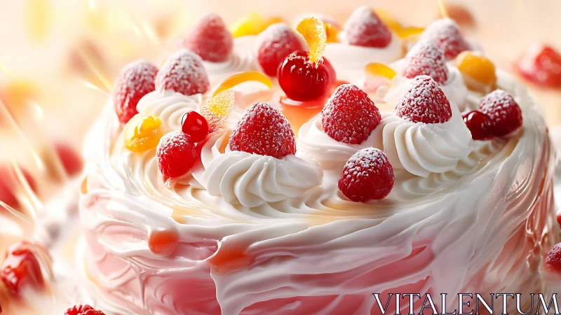 Elegant Cream Cake Topped With Fresh Raspberries And Candied Fruit.