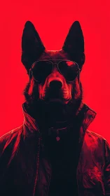 Digital painting of cool canine portrait in red minimalism.