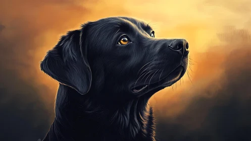 Black lab portrait against warm glowing sunset sky.