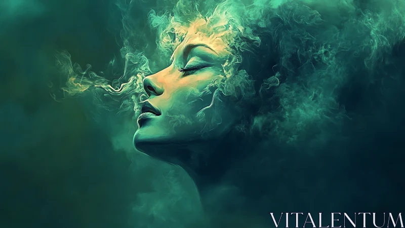 Ethereal female portrait drifts into luminous teal smoke dream