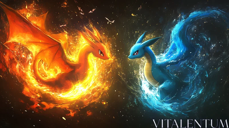 Elemental dragon duel divides blazing fire and rushing water.