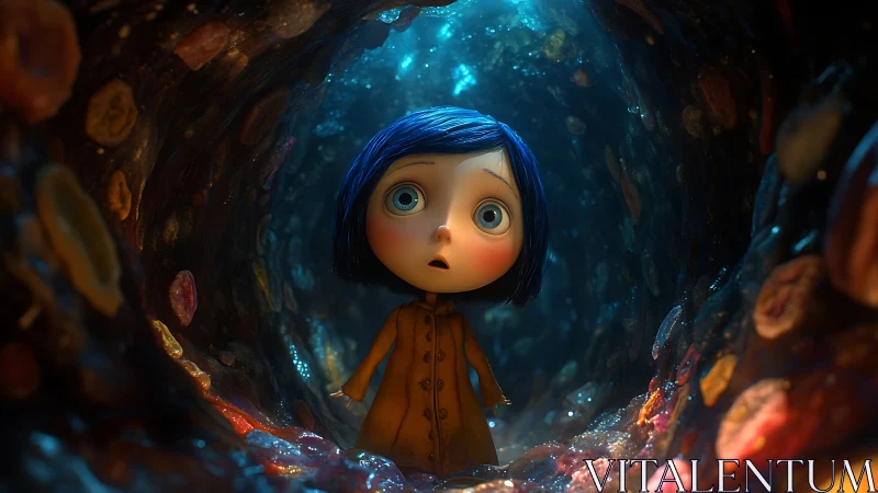 Wide-eyed girl in illuminated tunnel rendered as 3D animation