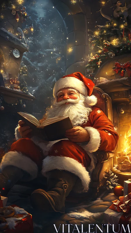 Santa Claus reading by the fireplace in cozy workshop.