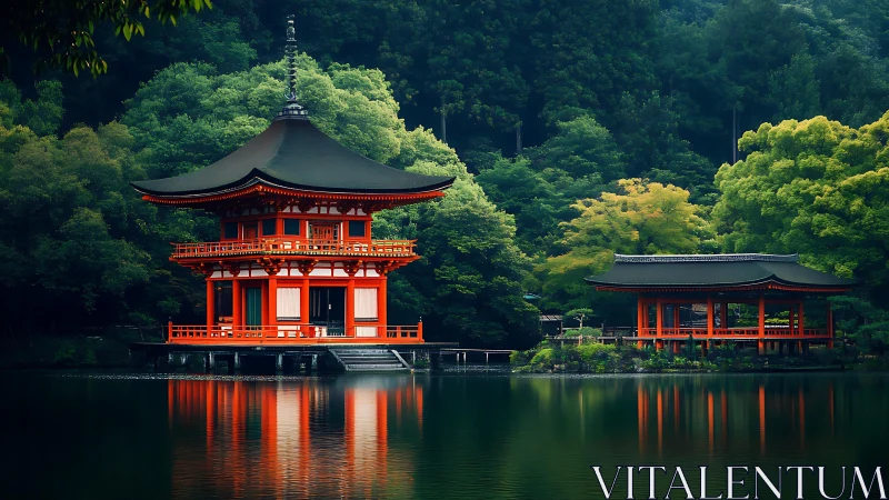 Serene Japanese lakeside temple glows amid lush green forest