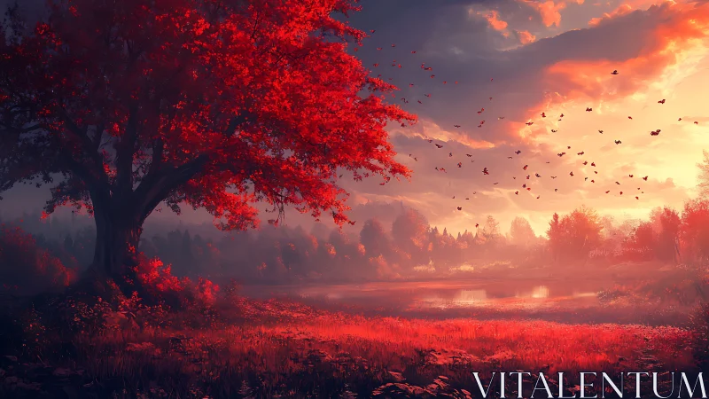 Crimson autumn tree overlooks glowing misty lakeside sunset