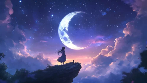 Girl on a moonlit cliff wrapped in dreamy twilight sky.