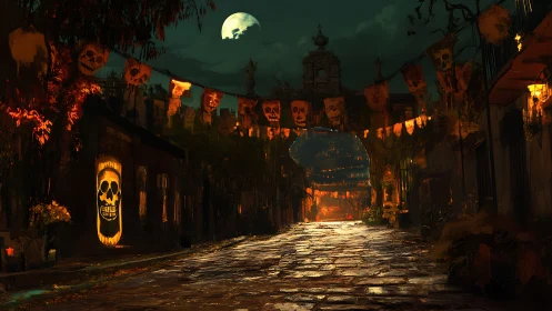 Moonlit Día de Muertos street glows with spectral warmth.