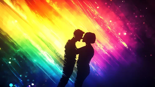 Silhouetted figures embrace against vibrant multicolor spectral light gradients with particle effect
