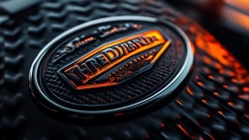 Chromed crest in ember glow on rippled midnight metal.