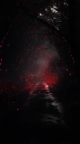 Dark forest path with red glowing particles and wet ground.