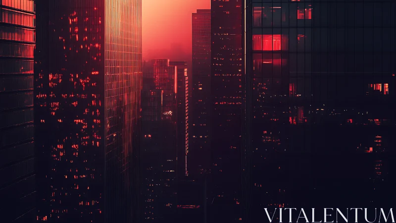 Sunlit red fog engulfs dense modern glass skyscrapers