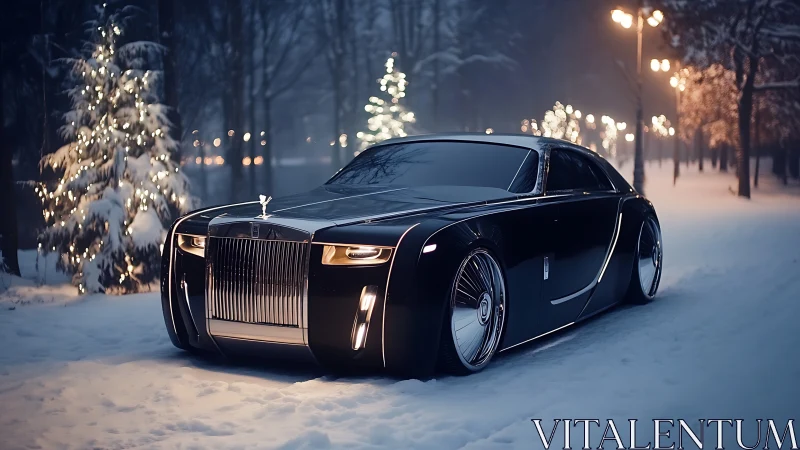 Sleek luxury coupe gliding through illuminated winter park.