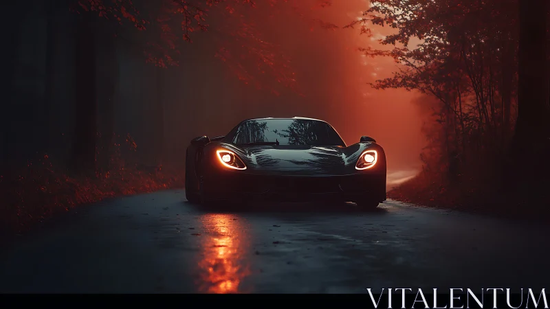 Midnight supercar stalks a crimson foglit forest road.