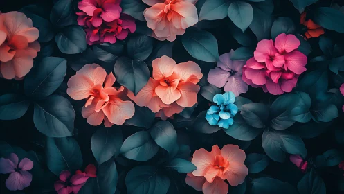 Saturated bloom composition with chiaroscuro botanical arrangement layered overhead view.