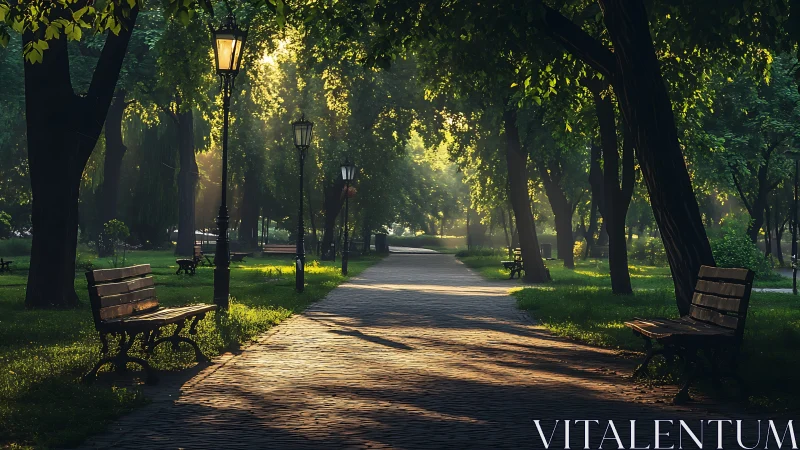 Sunlit park pathway shows benches and trees under lampposts