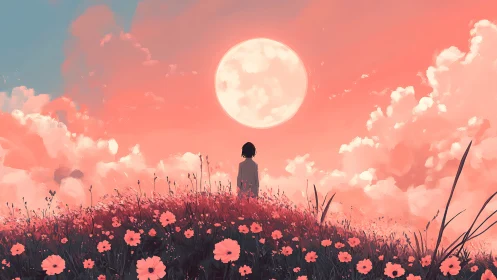Moonlit daydream crowns a lone wanderer in coral skies