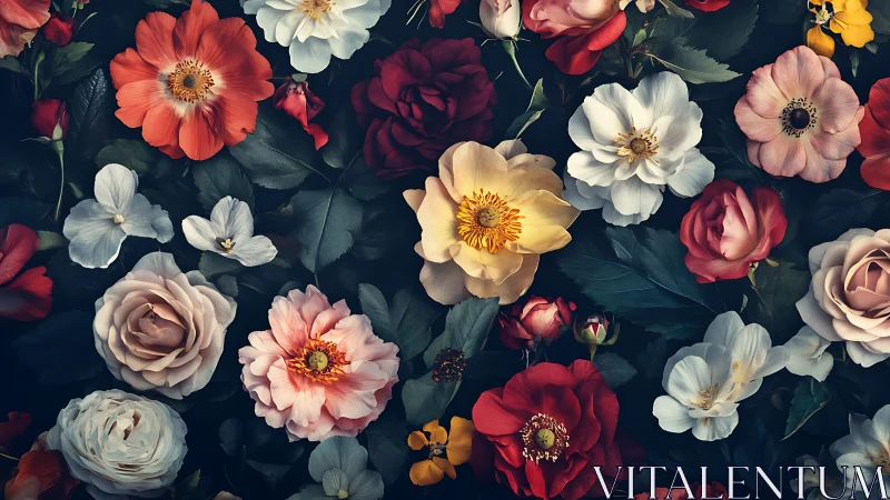 Floral arrangement with roses, dahlias, and gerbera on dark background.