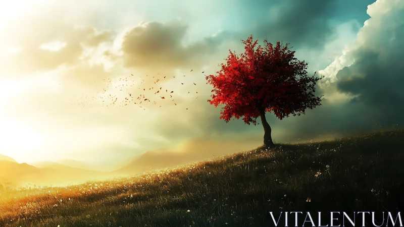 Lone red tree glowing warmly on a sunlit hillside at dusk.