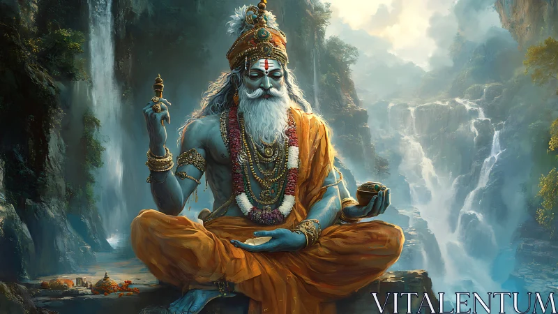 Serene blue sage meditates calmly before misty waterfalls