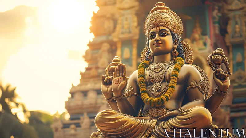 Golden Hindu deity statue in temple courtyard at sunset.