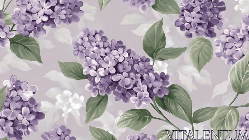 Purple lilac floral composition with layered botanical illustration technique.