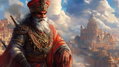 Majestic armored ruler overseeing grand cloud city.