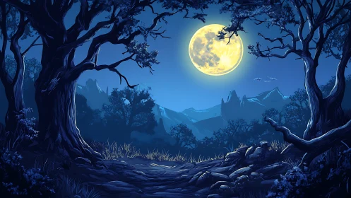 Moonlit Forest: Ancient Trees Frame Yellow Moon Over Misty Mountains