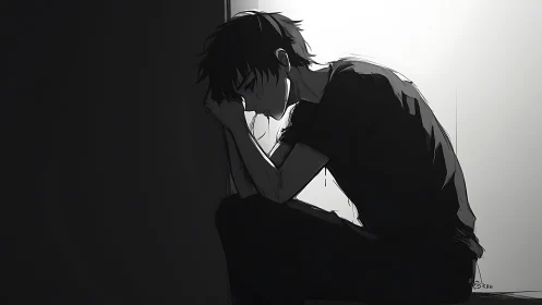 Brooding silhouette leans into stark light, embracing solitude