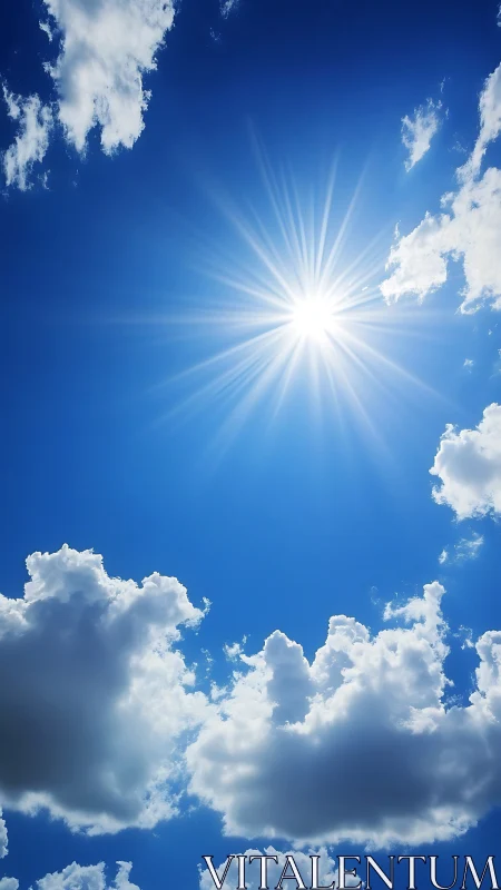 Bright midday sun and cumulus clouds in blue sky.