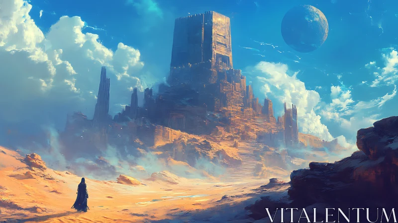 Lone traveler approaching monumental desert citadel.