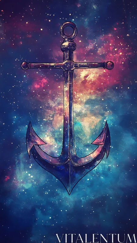 Chromatic metal anchor suspended against nebular starfield gradient