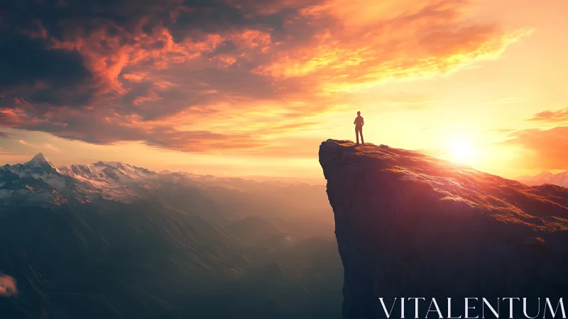 Person on cliff edge overlooking wide mountain sunset.