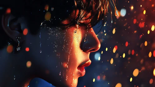 Side profile portrait shows wet face in colorful bokeh light