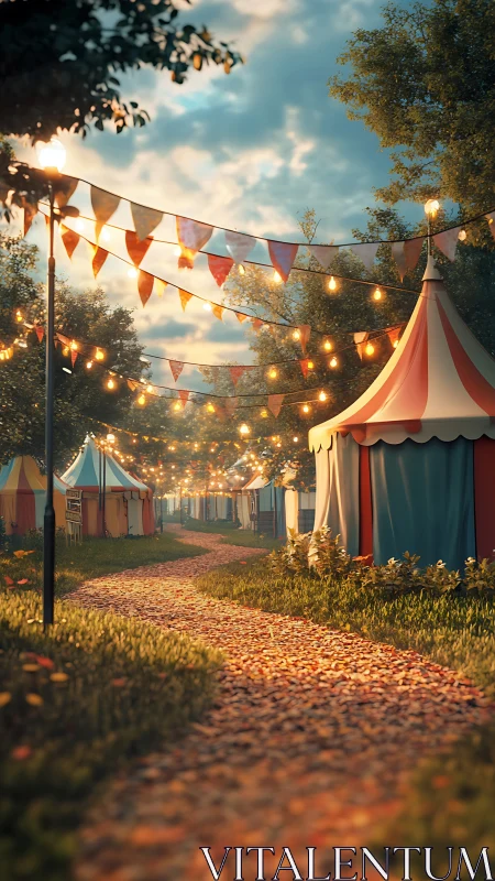Evening carnival tents under bokeh string lights and shallow path depth