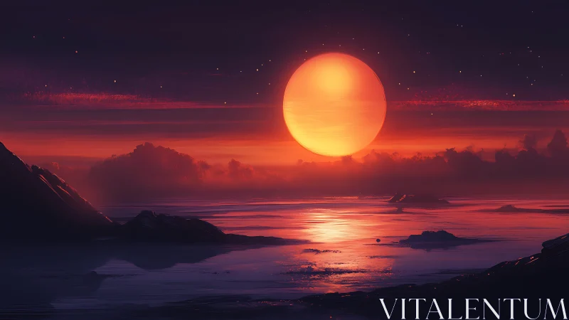 Radiant alien sunset bathes calm ocean in glowing warmth