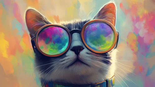 Cat Wearing Kaleidoscope Sunglasses in Colorful Abstract Setting.