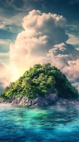 Verdant Island Paradise Beneath Towering Clouds