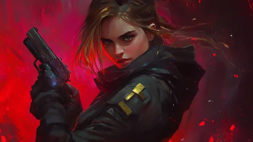 Woman in tactical jacket holds handgun against red backdrop