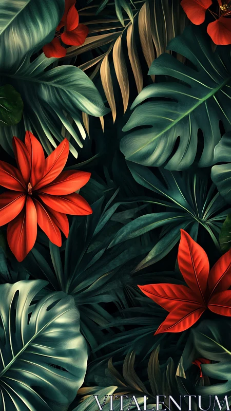 Chromatic tropical foliage with high-contrast digital shading.