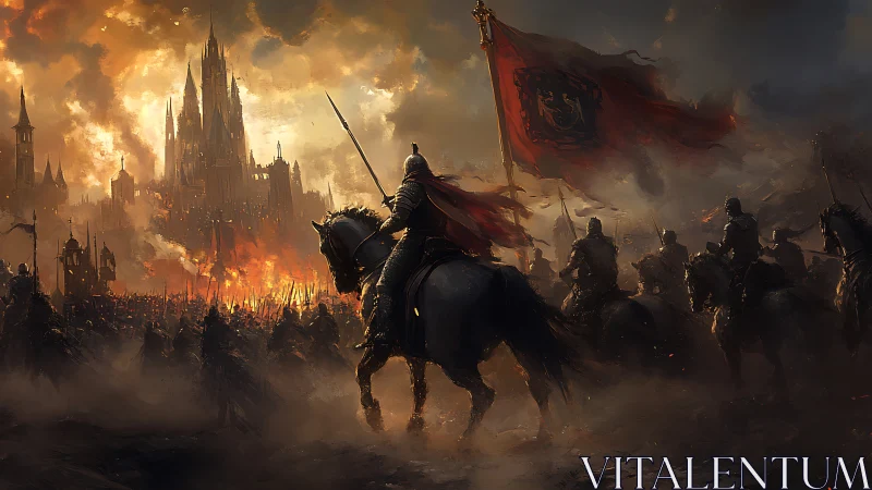 Stormlit riders gather before a burning fantasy citadel.