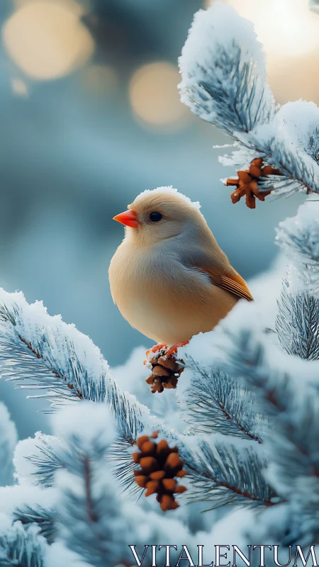Soft winter songbird rests on frosted pine branches