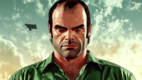 Hyper-real character portrait under dynamic stratiform sky.