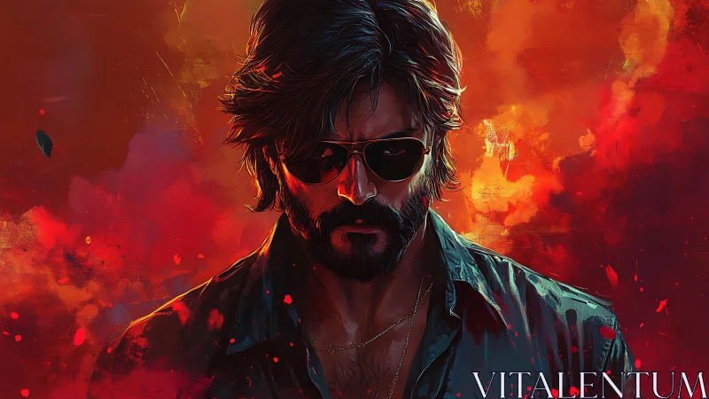 Male figure in sunglasses against intense red backdrop.