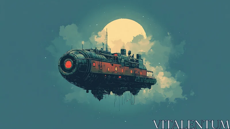 Retro industrial spaceship floats before a luminous moon.