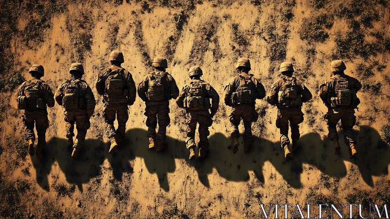 United soldiers stride together across sunlit sandy ground.