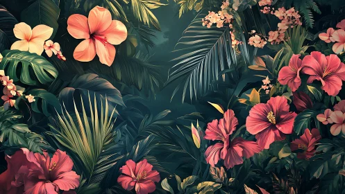 Tropical Floral Garden with Hibiscus and Palm Foliage.